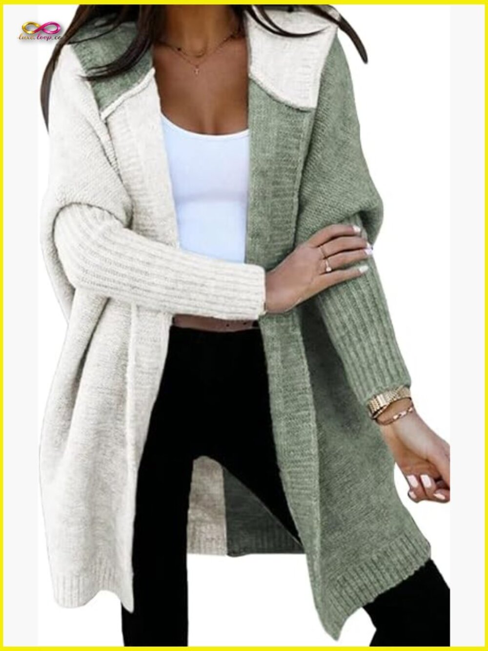 Open Front Long Sleeve Hooded Knit Cardigan Color Block Outwear